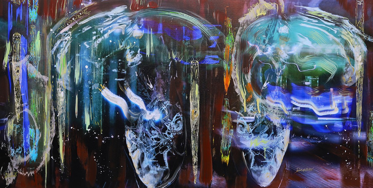 Embryo, 2025 © Diethard Verleger, Symbiopainting auf Multilayerfotografie